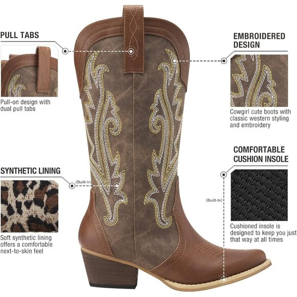 🆕Women Mosaic Brown Synthetic Embroidered Pointy Toe Comfortable Heeled Boot - Picture 5 of 8